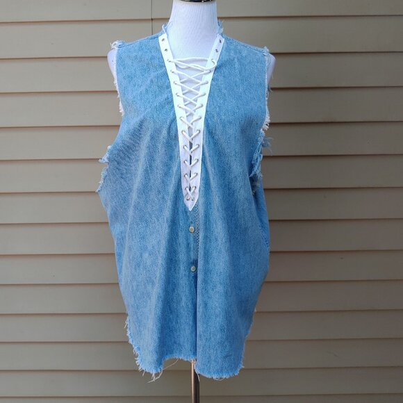 Furst of a Kind LF Blue Denim Distressed Top Lace-Up V-Neck Sleeveless Cotton - Picture 3 of 11